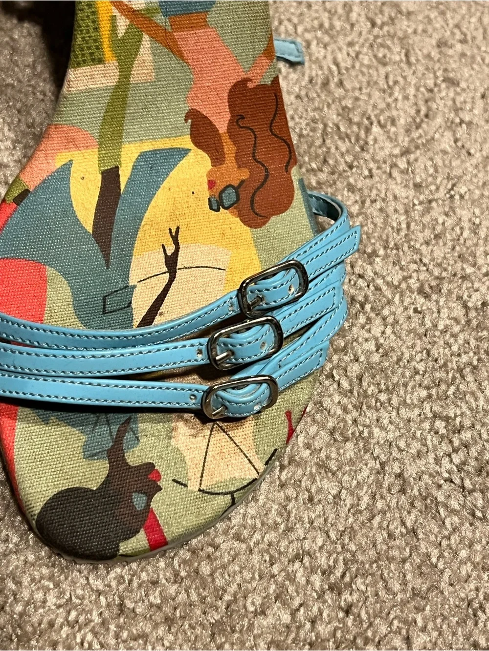 Baby blue Strappy Sandals with Colorful Printed Footbed